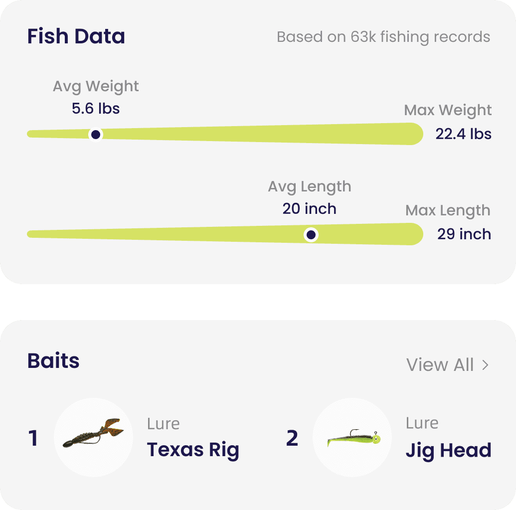 Fish data showing average and maximum weight and length, with recommended baits