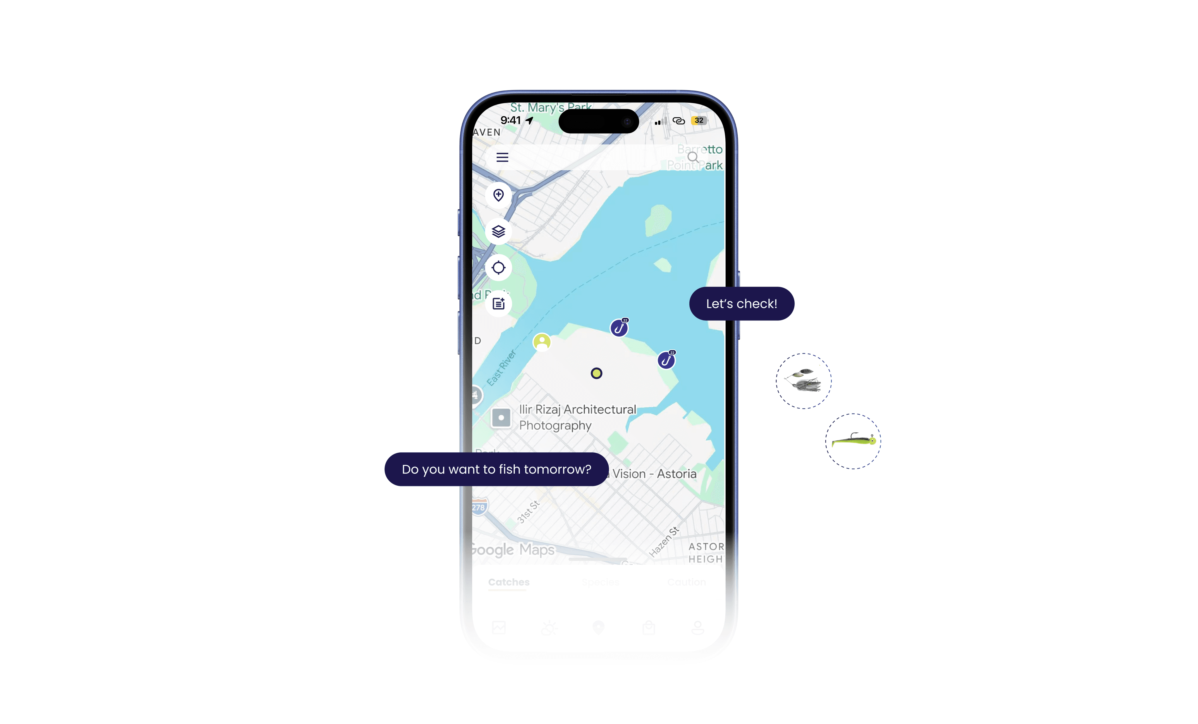 The FishOn app showing nearby fishing spots and recommended lures on a map