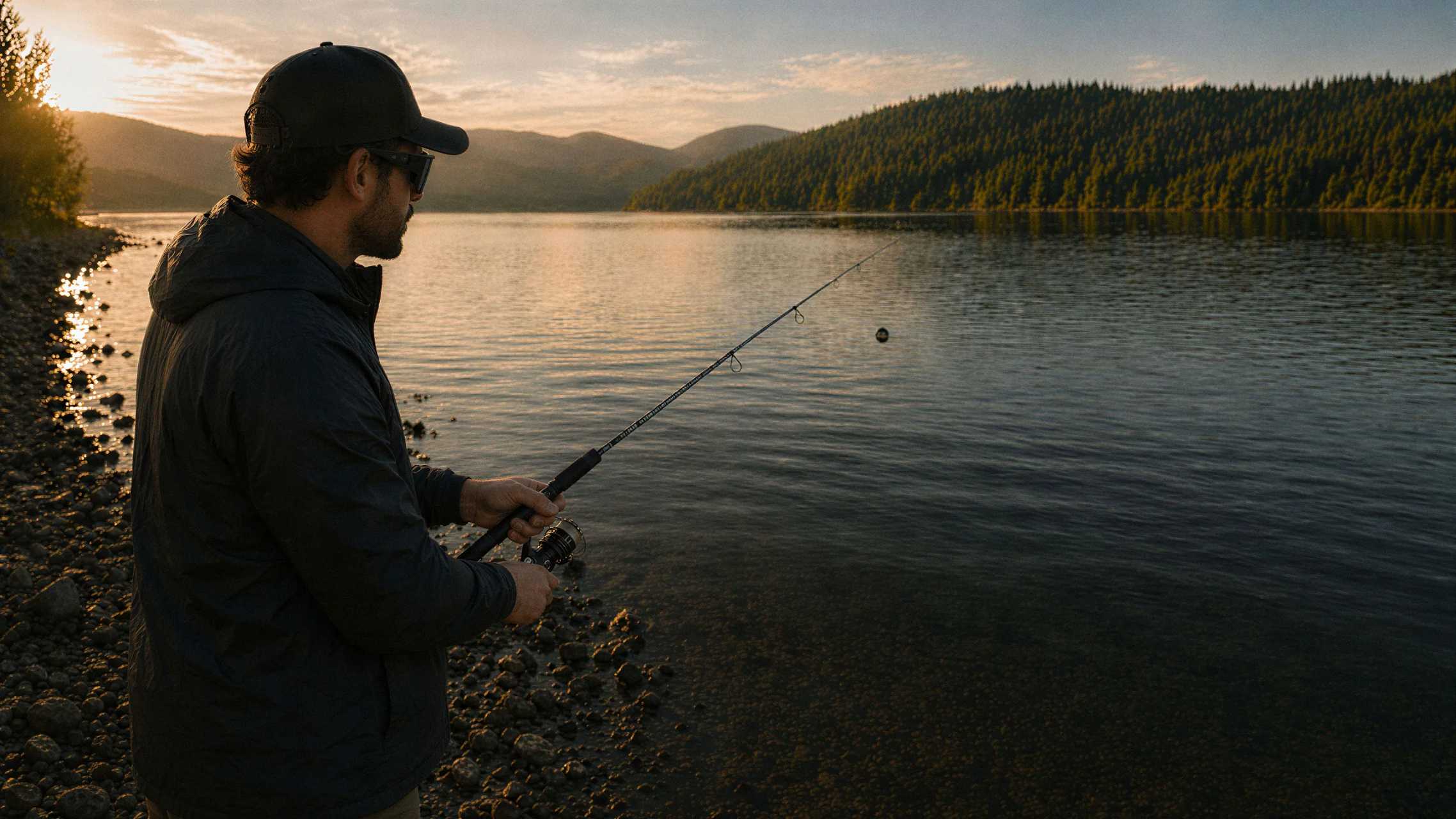 An angler casting into a lake at sunrise
